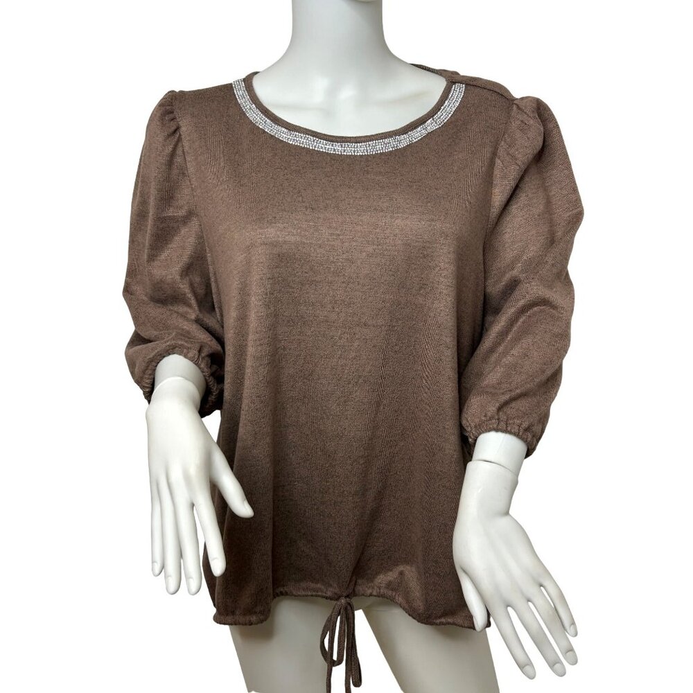89th + Madison Women’s Blouse 2X Brown Rhinestone Pearl Collar 3/4 Puff Sleeves